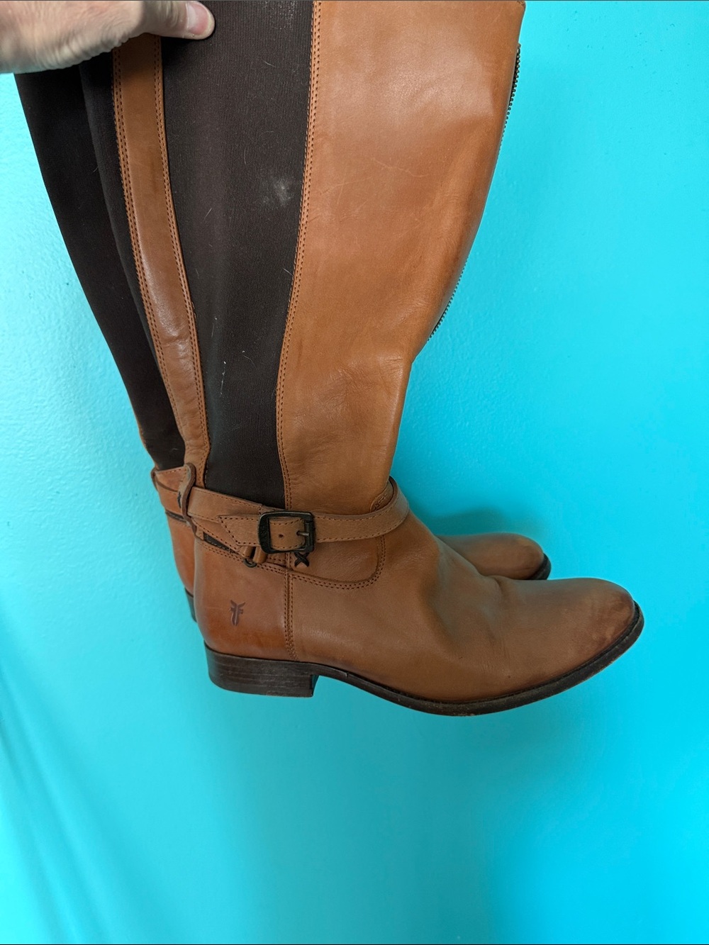 Frye Brown Leather Pull-On Riding Boots with Dark Brown Panels